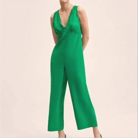 NWT MANGO MNG‎ Wide Leg Jumpsuit Size Large Green Sleeveless Cropped - Picture 2 of 11